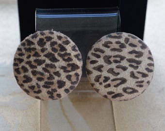Large Leopard Button Clip Earrings, Fabric, Suede-like,