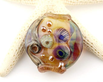 Lampwork Bead Glass Lentil Focal Blue, Green, Iridescent Purple and Gold