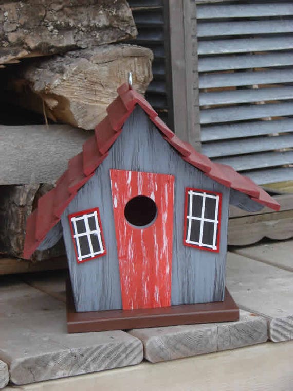 Whimsical Bird House Gray Wooden Birdhouse Painted