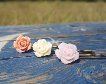 3 piece hair pin set coral pink, Ivory, pale pink