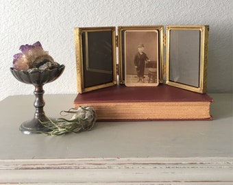 Vintage Picture Frame In Lovely 24k plated Gold Tone Metal / 3.25x4.25 Triple Hinged Trifold / antique Art Deco floral filigree