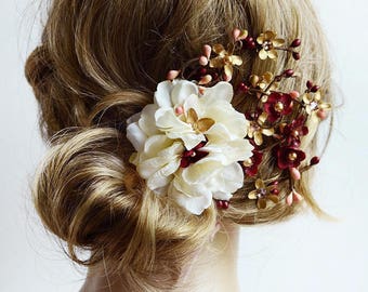 floral hair clip, burgundy wedding headpiece, burgundy and gold, bridal, swarovki crystal, floral hair piece, burgundy hair accessories,