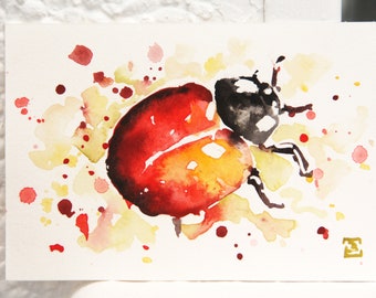 Ladybug red original small watercolor painting, Bobapainting
