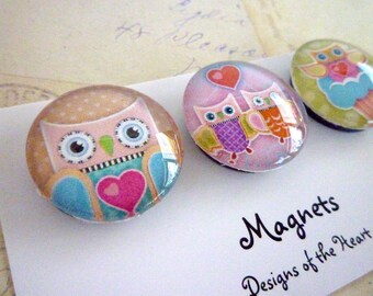 Round Glass Magnet set - Cute Owls