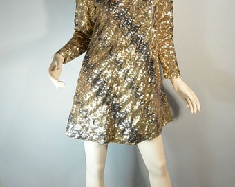 SALE Gold Sequin Disco Dress// Gogo Dress// Fancy 60s Mod Sequin Dress (F1)