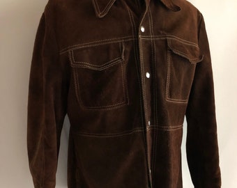 Vintage Men's 70's Brown, Suede, Jacket, Button Down, Coat (XL)
