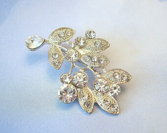 Vintage Leaf Brooch Rhinestone Crystal Silvertone