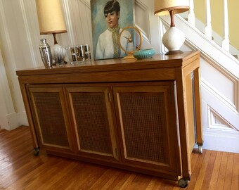 CREDENZA and DINING TABLE Midcentury Bar Cabinet Server Console Top expands Blonde Wood Cane Doors c1950s Vintage Retro
