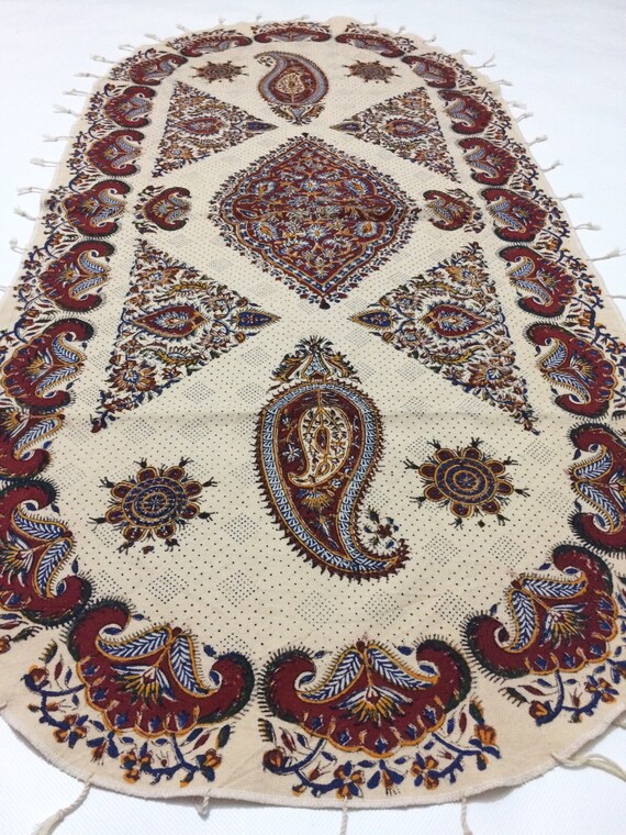 Hand block printed Oval tablecloth, traditional handmade cotton tapestry , 45"x25" inches paisley design with natural dyes and tassels
