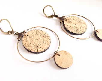 Earrings "Laïla" circle of oak wood etched floral geometric