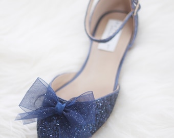 Women Wedding Shoes, Bridesmaid Shoes - NAVY BLUE ROCK Glitter pointy toe flats with organza bow
