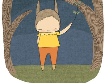Kid Art Nursery - Millicent The Bunny Rabbit in The Woods at Night - Indigo