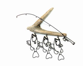 Bass Stringer and Fishing Rod Wire Sculpture, Bass Wire Art, Minimal Wire Sculpture, 571417811