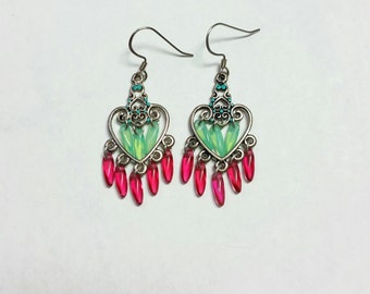Mint green and magenta heart shaped dangle earrings