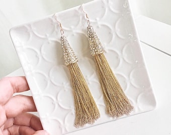 Gold Tassel Earrings with Pave Crystal Beaded Cap