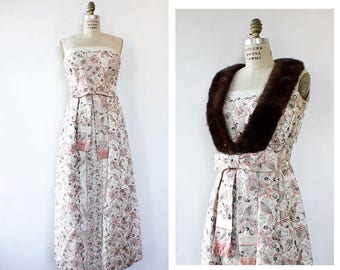 60s Brocade Dress M • Fur Trim Dress • Satin Evening Dress • Vintage Ball Gown • 60s Evening Dress • 60s Two Piece | D1786