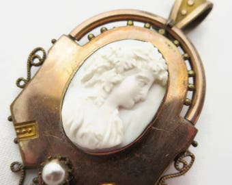Bacchante Cameo Brooch Necklace Pendant - Carved Shell 1800s Setting