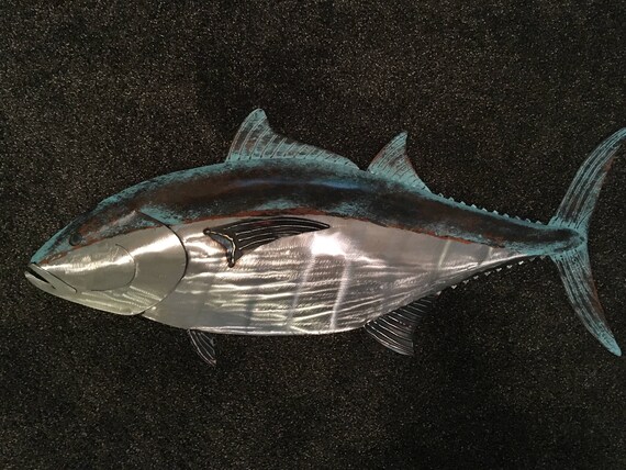 Blue Fin Tuna Fish 36in Handmade Metal Sculpture Tropical Beach Coastal Wall Art