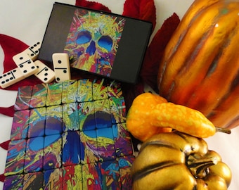 Game-Stock, Puzzinoes™ Dominoes and Puzzle, Custom Dominoes, Custom Puzzle, Skull/Goth