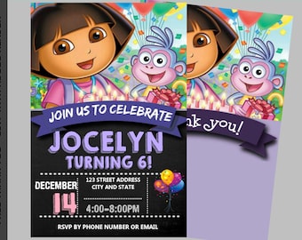Instant Download, Dora the Explorer Birthday Invitation, Dora the Explorer Invitation, Dora Invitation, Chalkboard- Free Thank You Card
