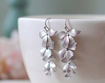 Silver Orchids Earrings Matte Silver Flowers Long Dangle Earrings Wedding Jewelry, Bridal Earrings Bridesmaid Gift Birthday gift for her