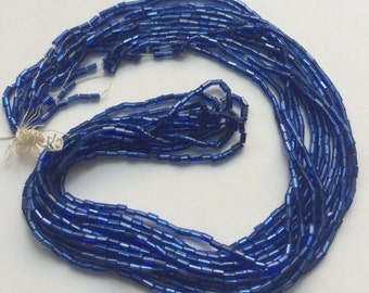 Vintage European Glass Bugle Beads - Blue Silver Lined