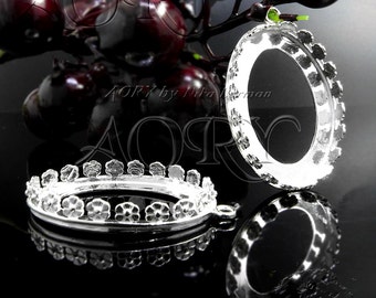 1pcs 925 Sterling Silver Flower Crown Bezel Pendant for 18x25mm Cabochon, (1260ws), Gallery Bezel 25x18mm, White Silver Color
