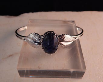 Silver Flower Cuff Bracelet with 8 x 13mm Sodalite Granite Cabochon #365-412