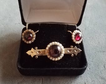 14kt Rose Gold Garnet Seed Pearl Victorian Pin and Earrings Set