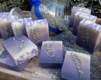 Goats Milk Soap Bar with Lavender Essential Oil and Dried Lavender From My Garden. Cold Process Soap, Palm and SL Free.