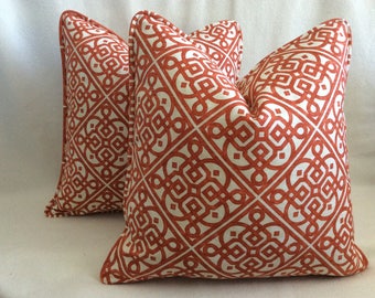 Set of Fretwork Designer Pillow Covers - Waverly "Lace It Up" Fabric - Red/ White - Custom Self Piping - 18x18 Covers