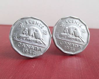 Canadian Beaver Nickel Coin Cuff Links - Repurposed Vintage Canada 1940's Coins