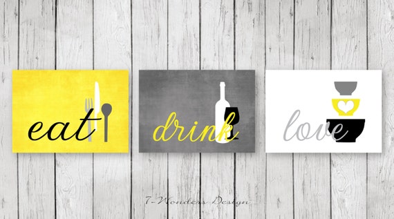  Kitchen  Wall  Art  Print Set Eat Drink Love YellowGrey