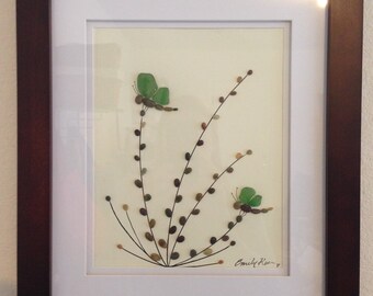 Genuine green sea glass art, pebble art, dragonflies, collage, wall decor, framed artwork, home decor, unique gift, Big Sur california