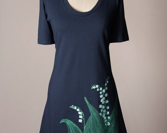 lily-of-the-valley dress, lily of the valley dress, t-shirt dress, navy blue cotton dress