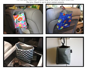 Car Trash Bag with carabiner clip for easy removal, dump and clip back on.
