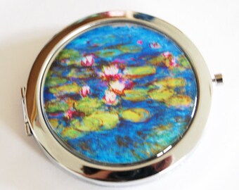Monet, water lilies, compact mirror, mirror, purse mirror, compact mirror, blue, water lily (2140)