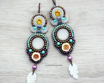 Bead Embroidered Earrings, bohemian dangle earrings.
