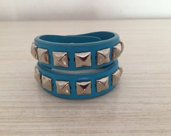 Vintage 90's Blue Leather Studded Cuff Bracelet