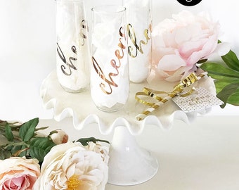 PLASTIC Cheers Bachelorette Glasses Cheers Champagne Flutes Plastic Champagne Glasses Bridal Shower Glasses (EB3254CH) set of 6 flutes