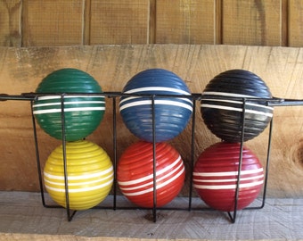 6 VTG 1960s Striped Forster Croquet Balls in a Wire Tabletop Stand. Red Yellow Orange Green Blue & Black w White. Made USA. Game Room Decor