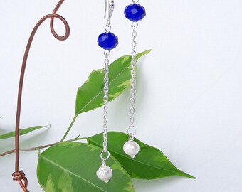 Long pearl culture/Blue Crystal on chain Silver earrings / blue/gift women original/jewelry Crystal jewelry mother mother