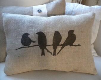 Cute burlap (hessian) birds on branch pillow