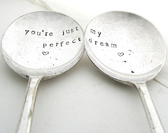 Perfect Dream, Pair of Handstamped Vintage Dessertspoons, Valentines Gift, Hand Stamped Lovers' Spoons