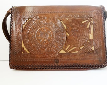 70s Soft Burnt Umber Ochre Mexican Aztec Calendar Hand Tooled Cut Out Two Tone Leather Messenger Bag Flap Purse Wallet