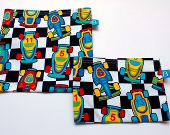 Reuseable Eco-Friendly Set of Snack and Sandwich Bags in Race Car Fabric