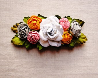 Powder blue pewter golden yellow bon bon pink Handmade Roses Vintage style Millinery flower corsage