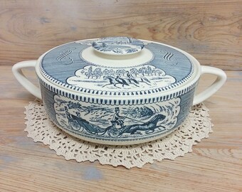 1 or 2 Currier & Ives Covered Casserole Serving Dish, The Road Winter, Replacement China