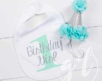 First Birthday Bib & Party Hat, Aqua mint and Silver Princess Hat, First Birthday Set