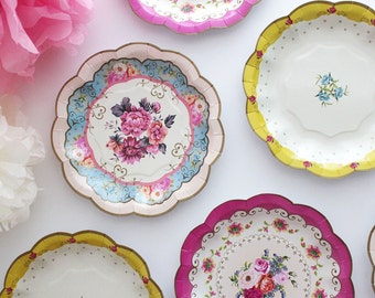 8 FLORAL TEA PARTY Mint Paper Plates Gold Parisian Vintage 8 FLORAL TEA PARTY Mint Paper Plates Gold Parisian Vintage